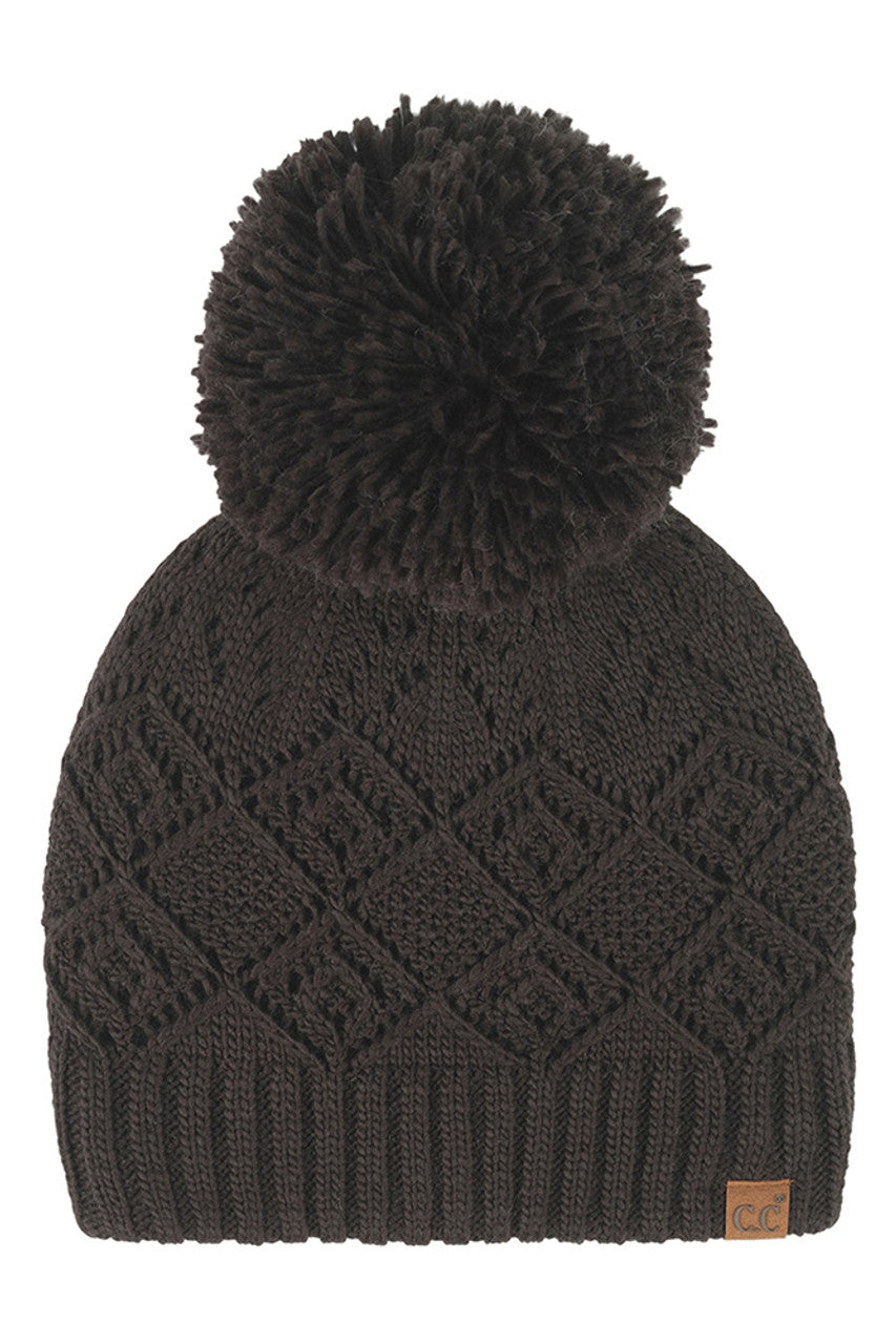 Black C.C Diamond Lace Pattern Yarn Pom Solid Beanie