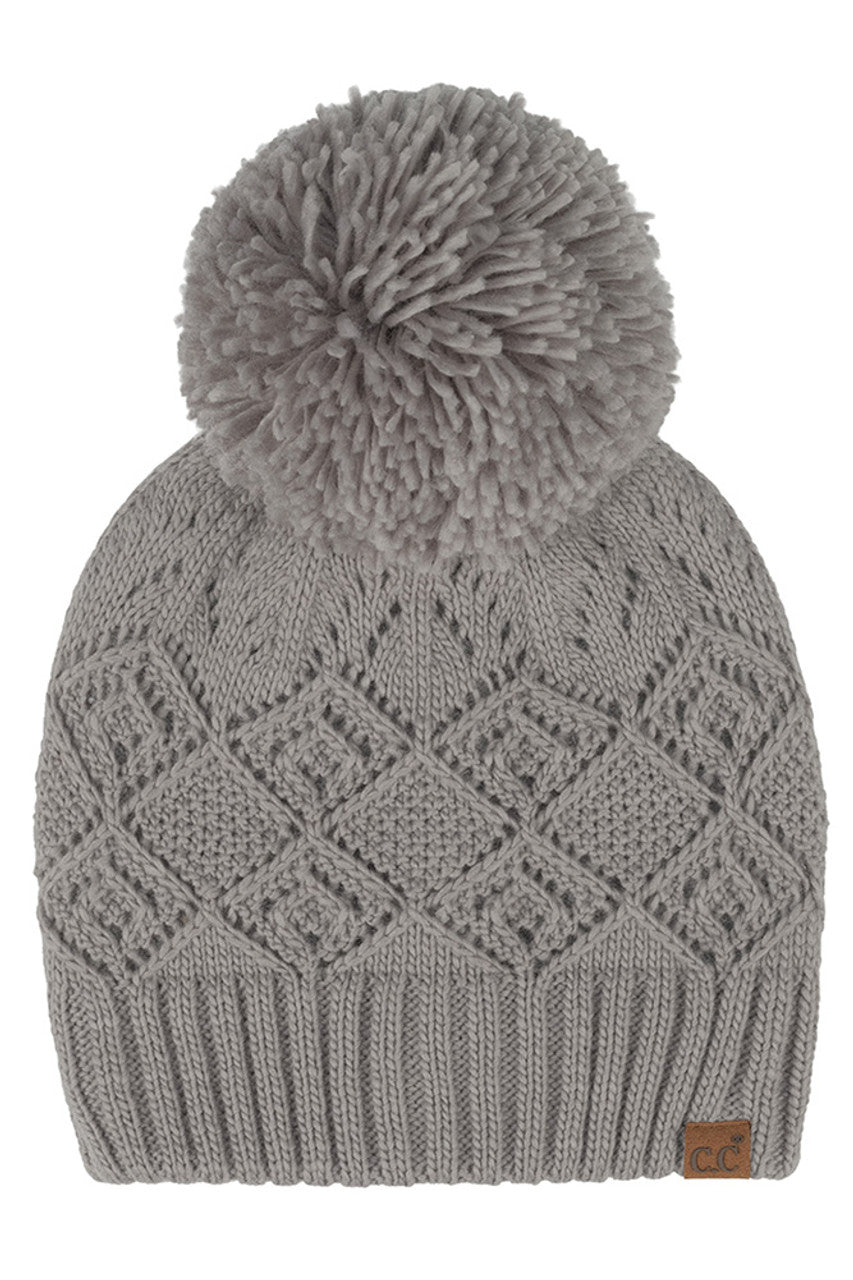 Gray C.C Diamond Lace Pattern Yarn Pom Solid Beanie