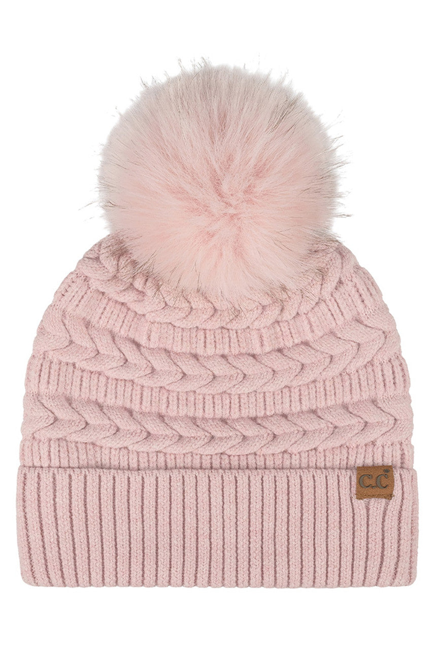 Rose C.C Braided Pattern Faux Fur Pom Solid Beanie