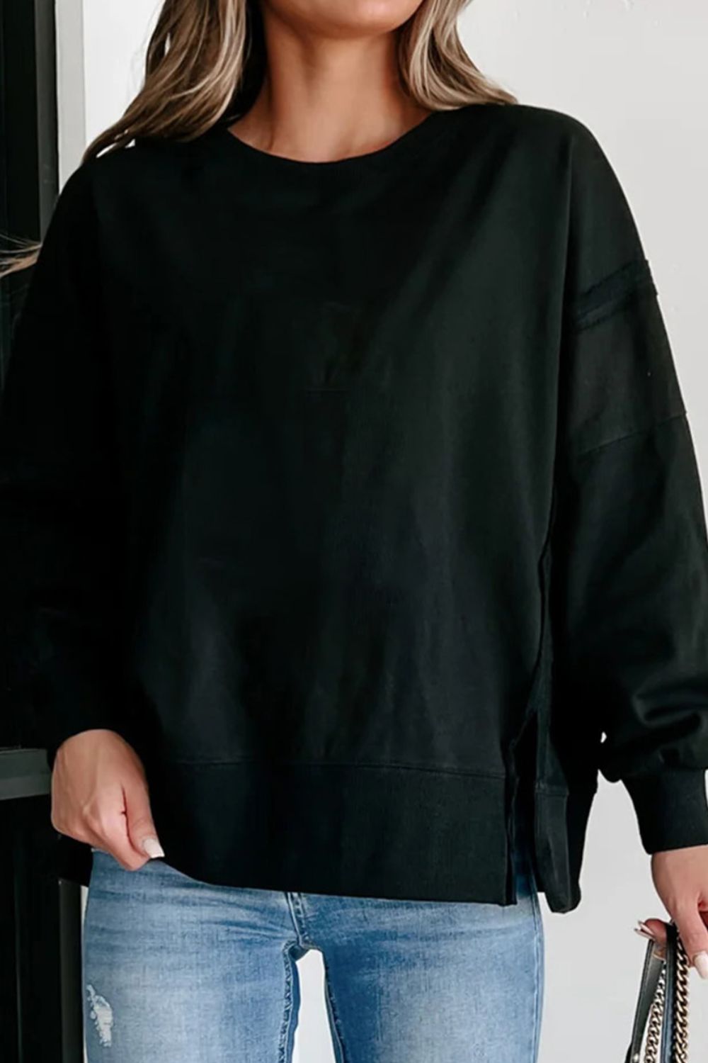 Side Slit Round Neck Long Sleeve Sweatshirt - Charming Charlie