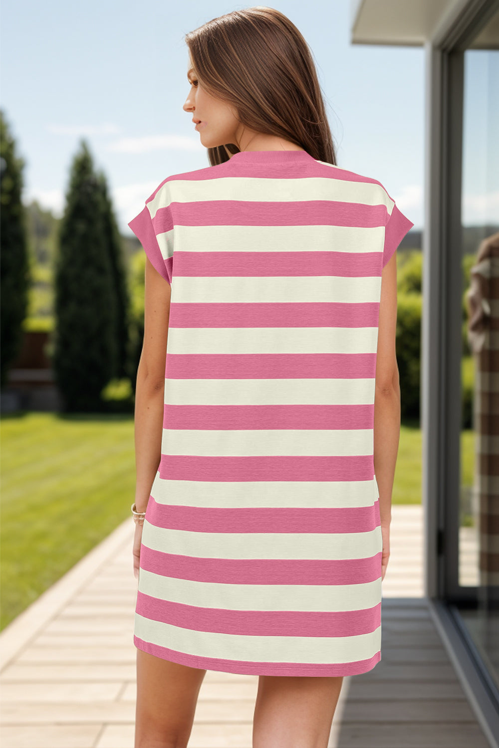 Striped Round Neck Cap Sleeve Mini Dress - Charming Charlie