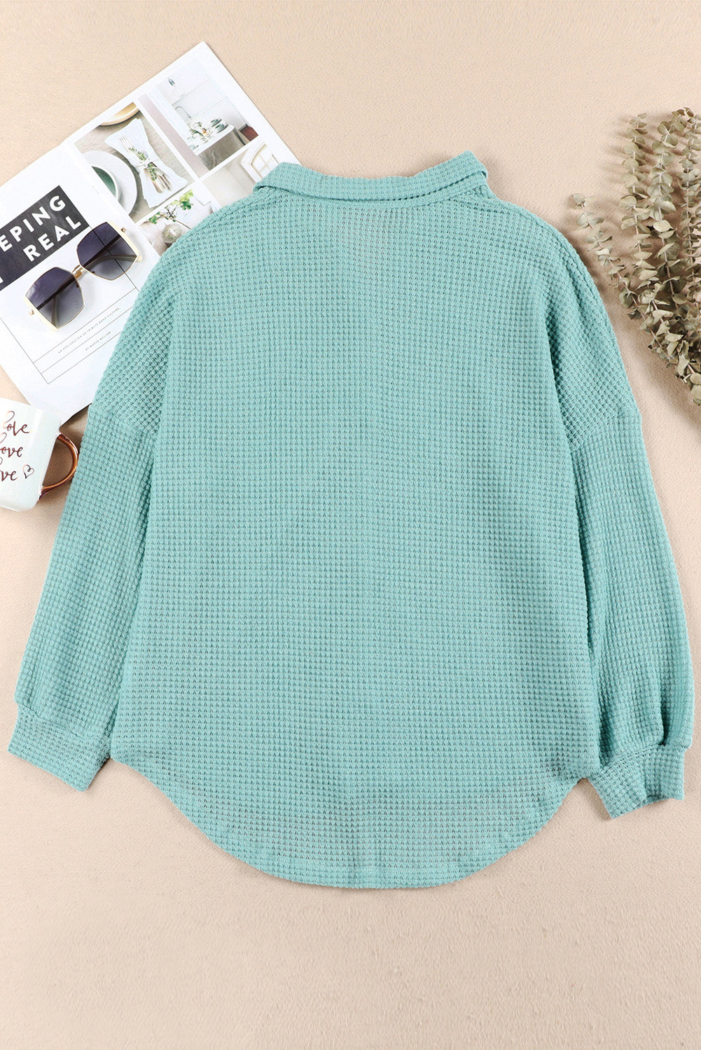 Waffle-Knit Collared Neck Long Sleeve Shirt - Charming Charlie