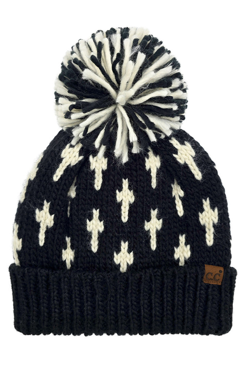 Black C.C Cross Pattern All Over Yarn Big Pom Beanie