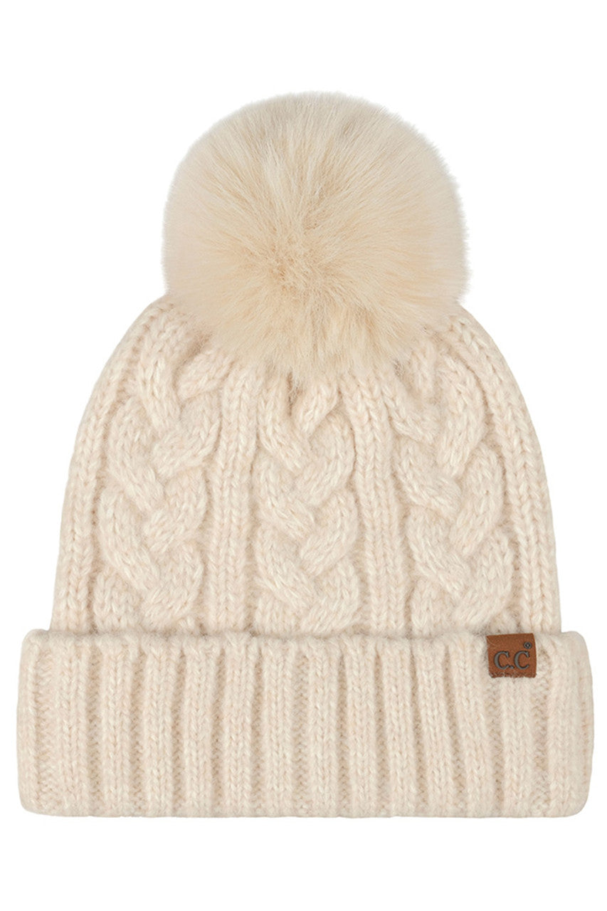 Beige C.C Heather Cable with Satin Lining Pom Beanie