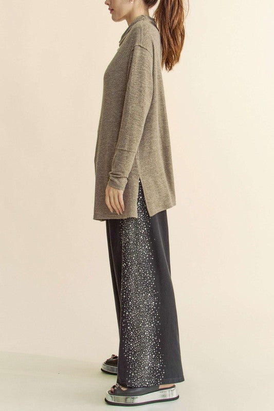 Davi & Dani Slit Mock Neck Long Sleeve Top - Charming Charlie