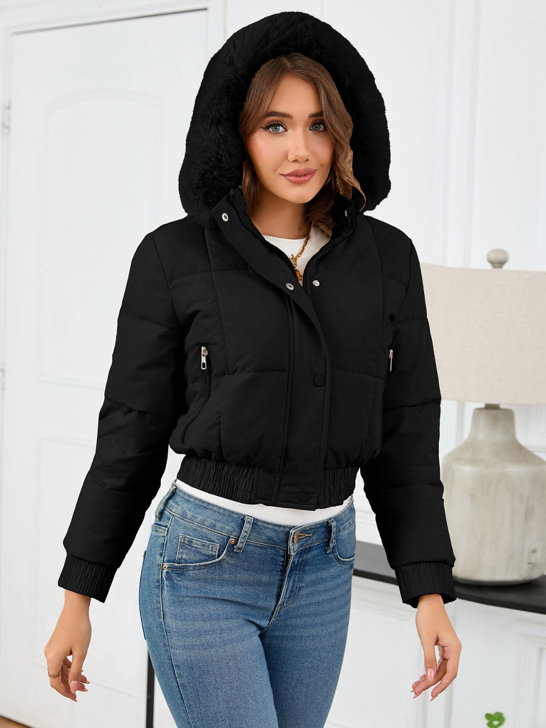 Pocketed Long Sleeve Cropped Hooded Winter Coat - Charming Charlie