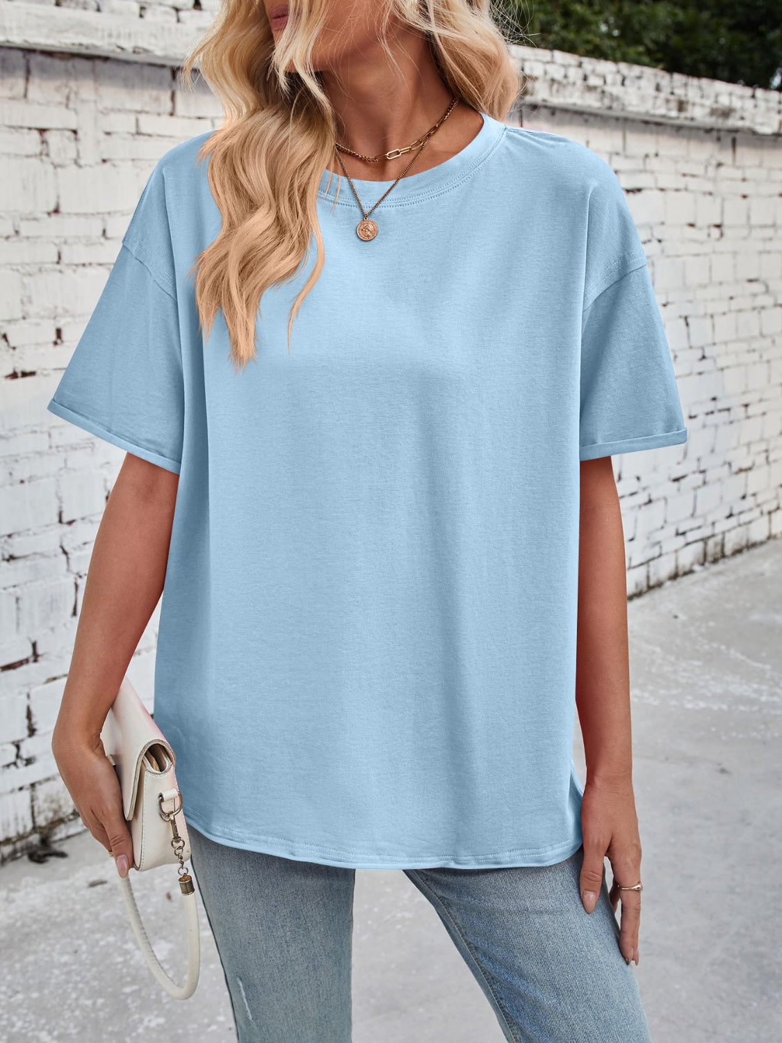 Lovelet Exposed Seam Round Neck Half Sleeve T-Shirt - Charming Charlie