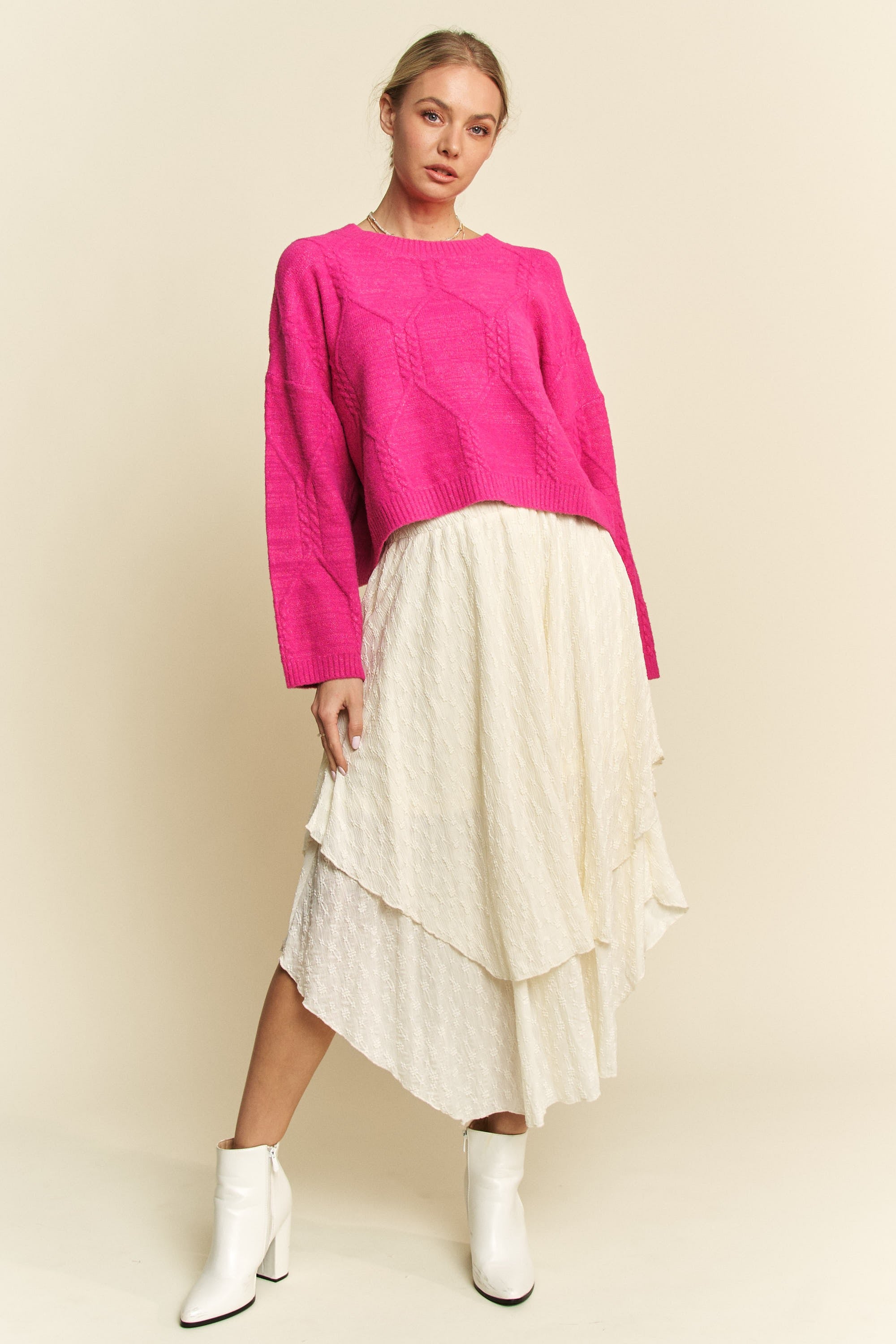 Davi & Dani Diamond Cable Pattern Drop Shoulder Sweater - Charming Charlie