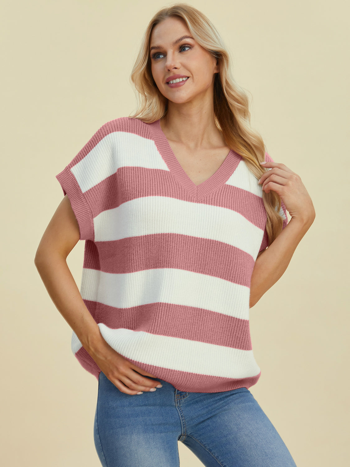 Double Take Full Size Striped V-Neck Short Sleeve Sweater - Charming Charlie