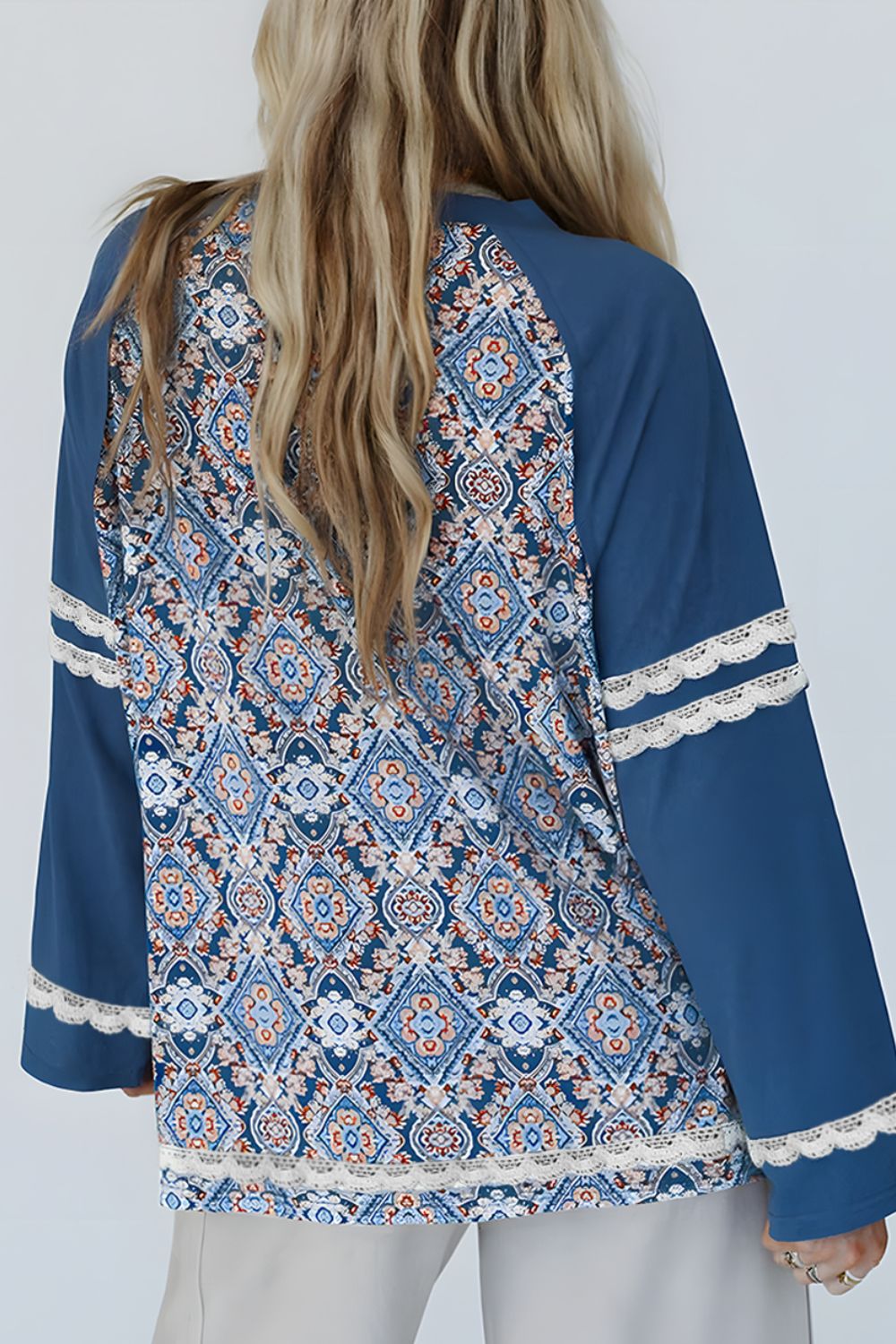 Lace Detail Geometric Round Neck Long Sleeve Top - Charming Charlie