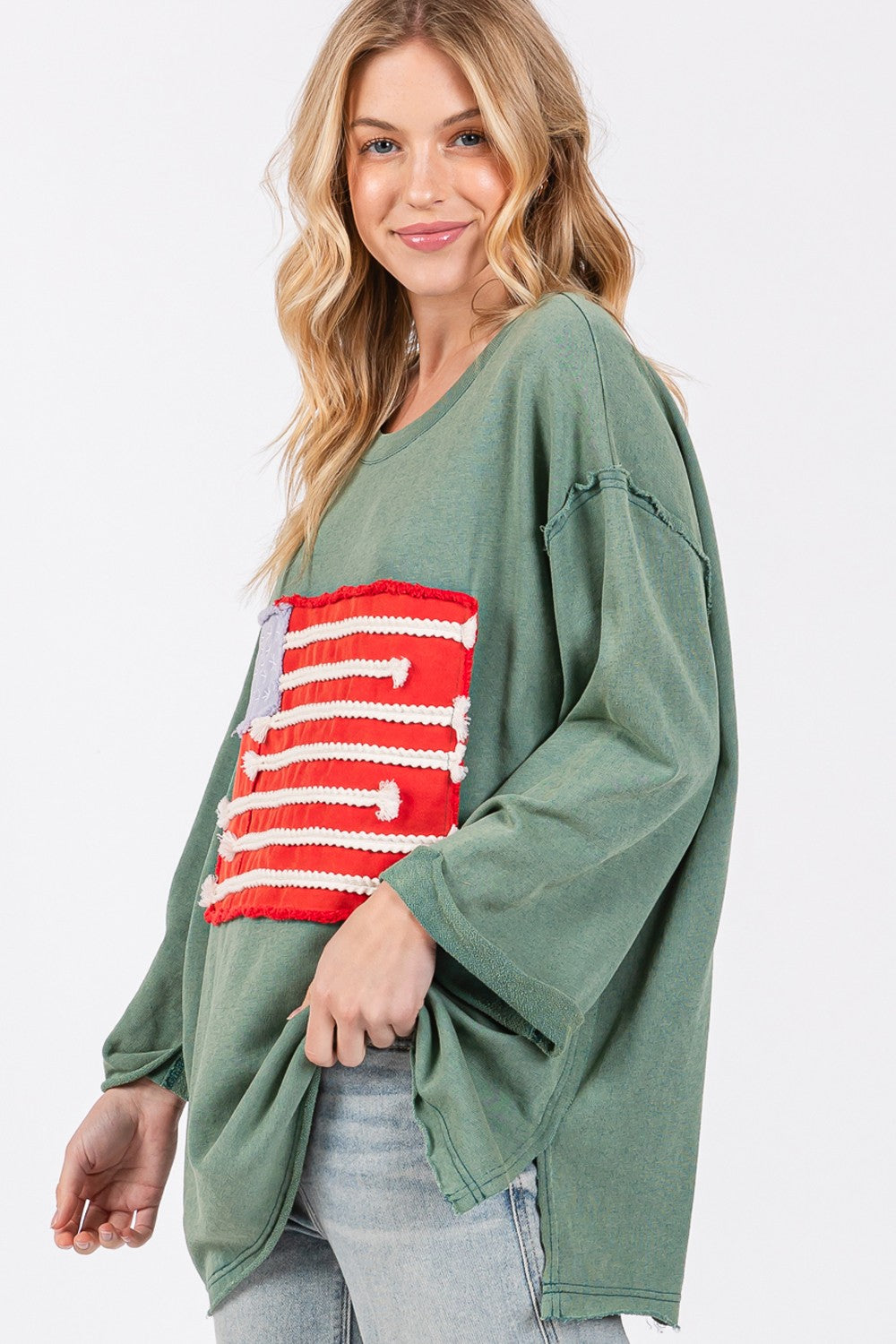 SAGE + FIG Full Size American Flag Patch Drop Shoulder T-Shirt - Charming Charlie