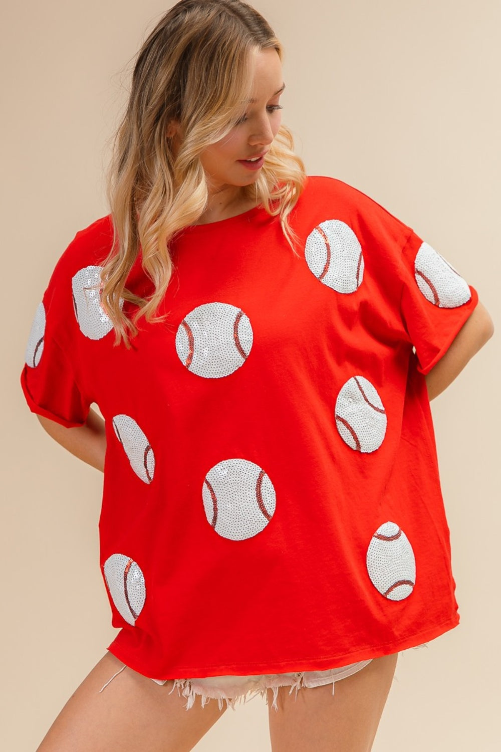 BiBi Sequin Baseball Drop Shoulder Short Sleeve T-Shirt - Charming Charlie