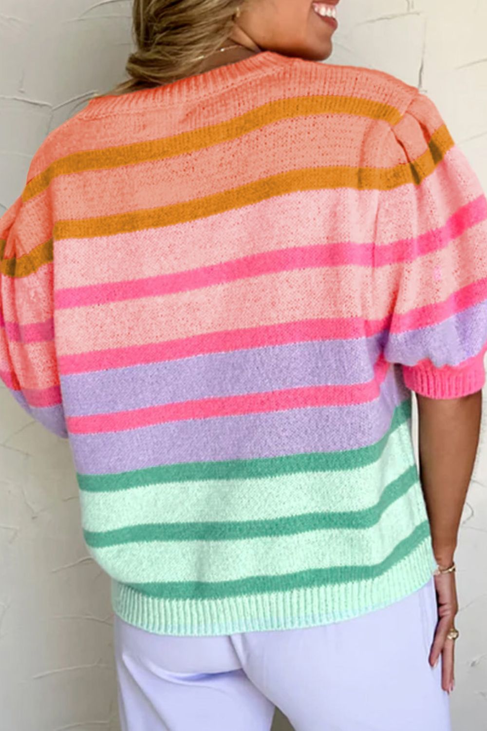 Striped Round Neck Half Sleeve Sweater - Charming Charlie