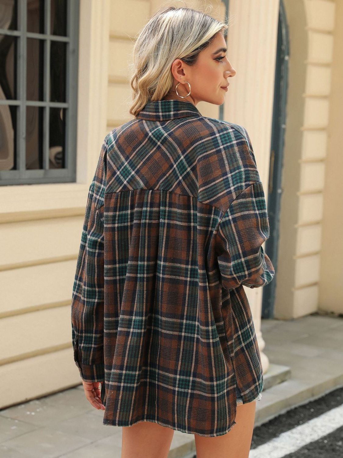 Pocketed Plaid Collared Neck Long Sleeve Shirt - Charming Charlie