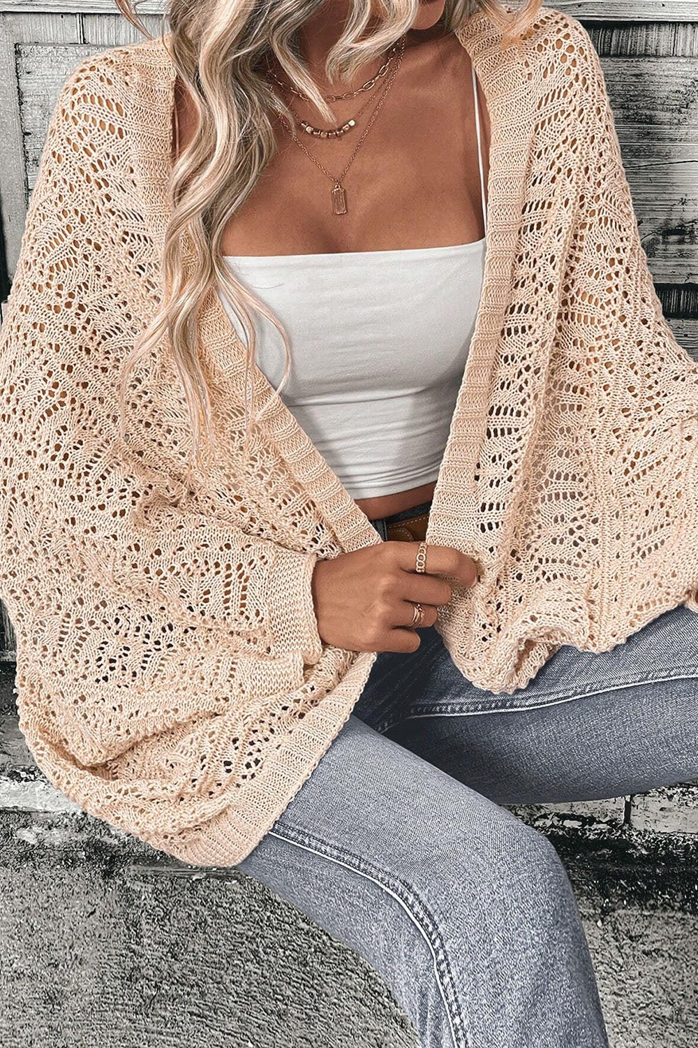 Openwork Open Front Long Sleeve Cardigan - Charming Charlie