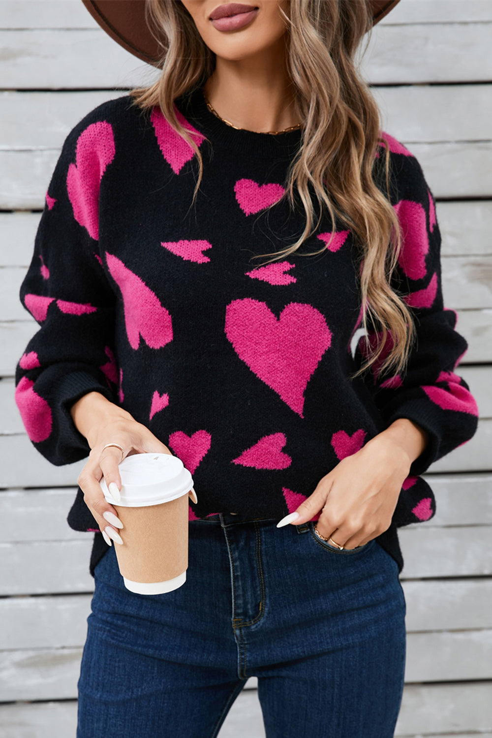 Angel Wings Heart Contrast Round Neck Long Sleeve Sweater - Charming Charlie