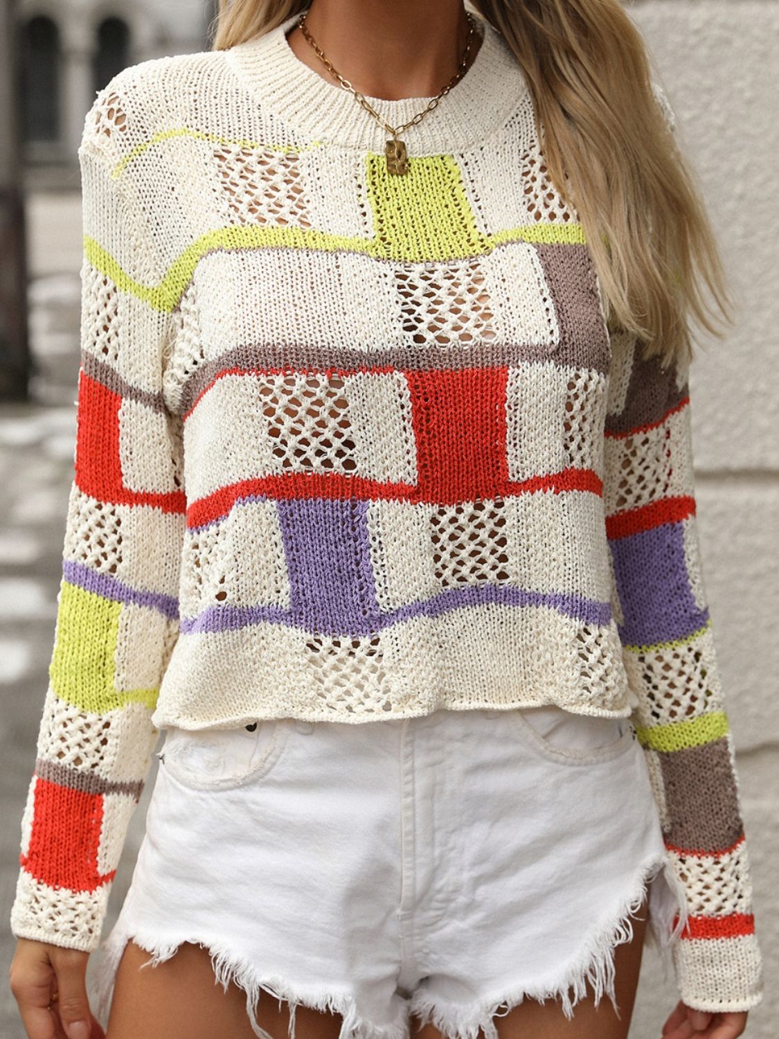 Openwork Color Block Round Neck Sweater - Charming Charlie