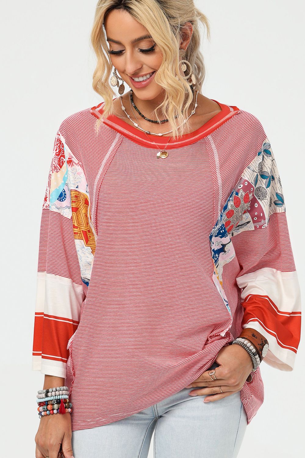 Striped Floral Patchwork Round Neck Top - Charming Charlie