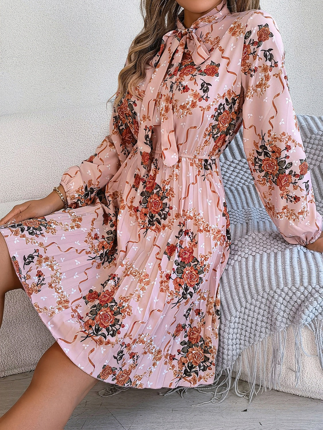 Pleated Printed Tie Neck Long Sleeve Dress - Charming Charlie