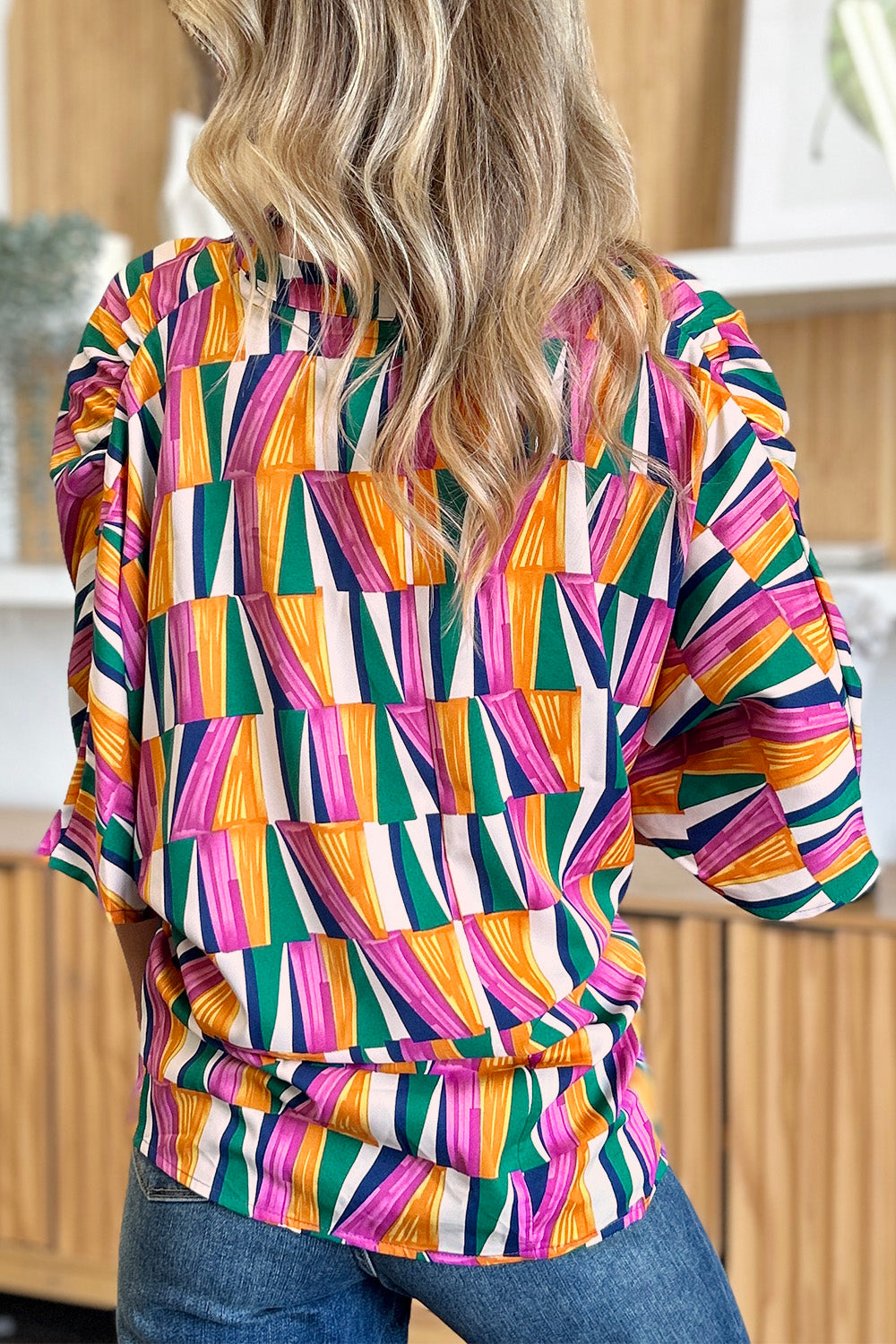 Double Take Full Size Geometric Notched Dolman Sleeve Top - Charming Charlie