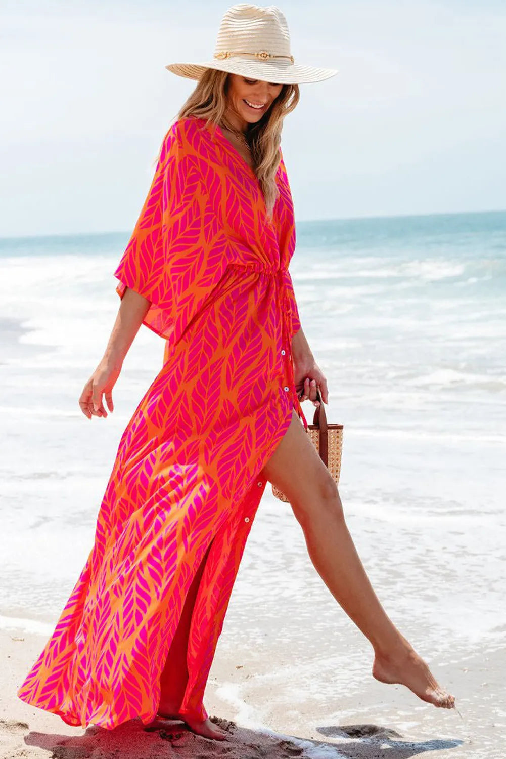 Drawstring Printed V-Neck Maxi Dress - Charming Charlie