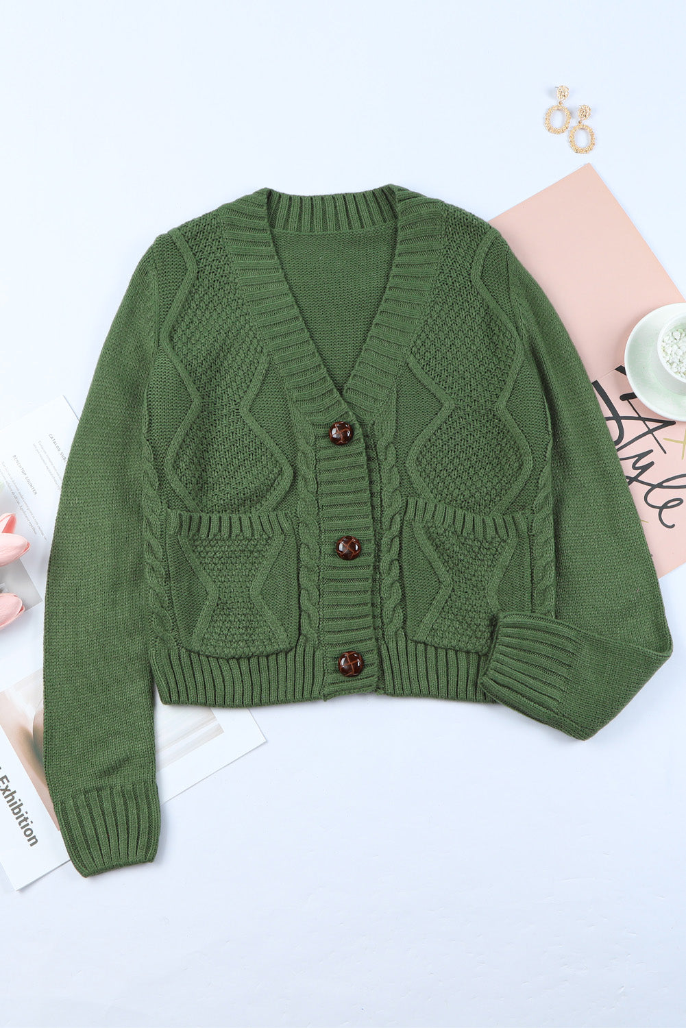 Cable-Knit Button Down V-Neck Cardigan - Charming Charlie