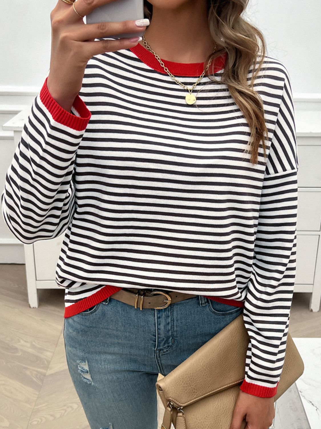 Striped Round Neck Dropped Shoulder Sweater - Charming Charlie