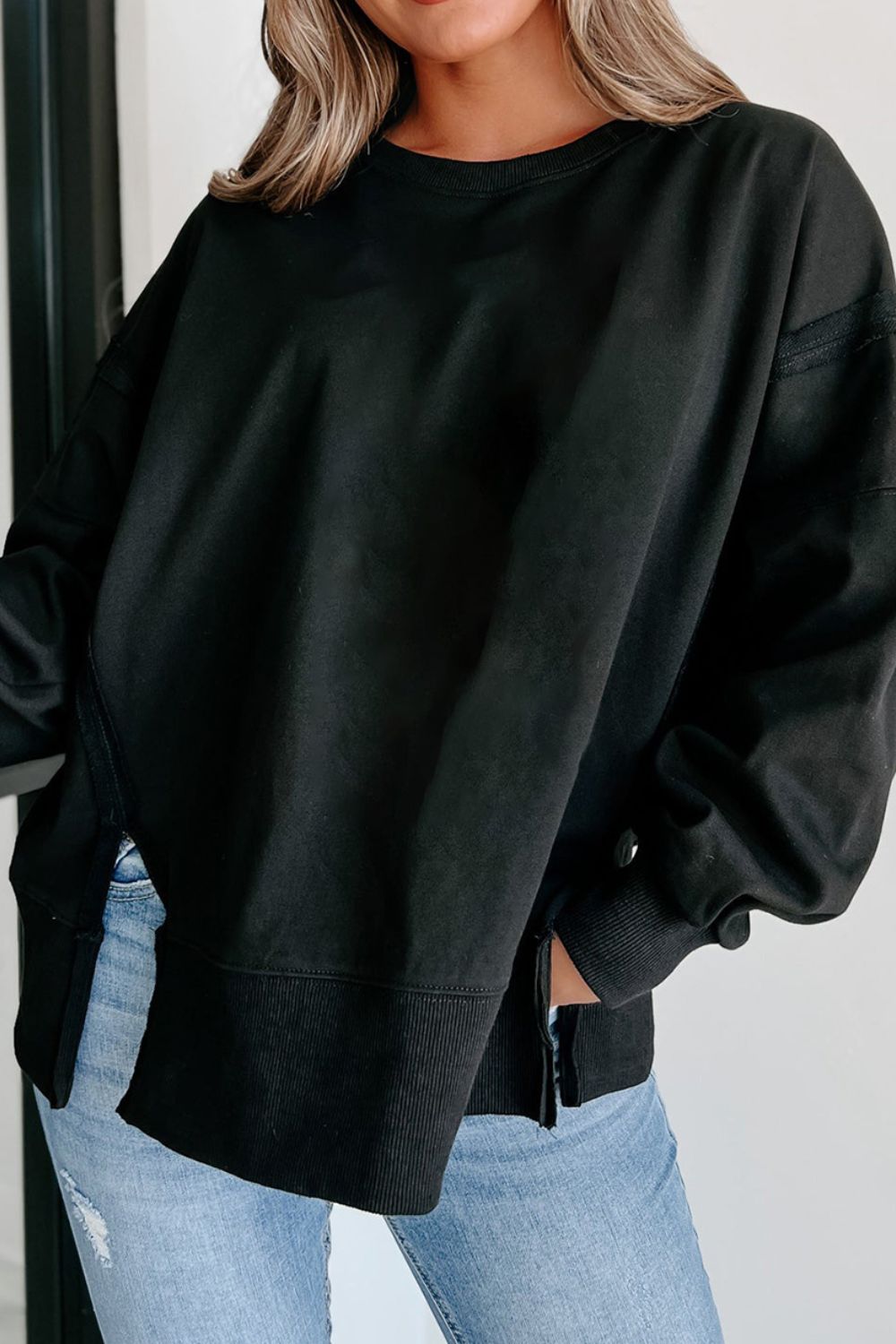 Side Slit Round Neck Long Sleeve Sweatshirt - Charming Charlie