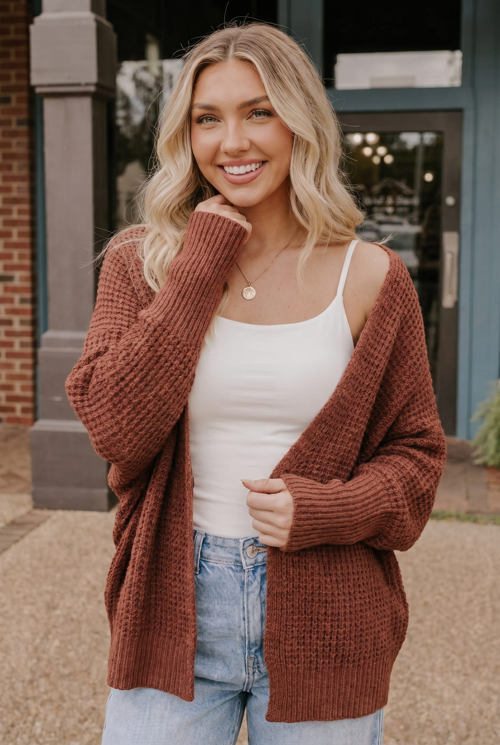 Cozy Button Front Waffle Knit Cardigan in Rust - Charming Charlie