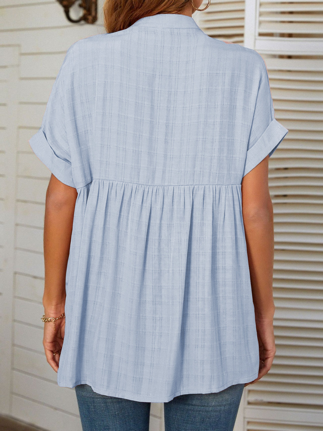 Mandy Side Slit Notched Short Sleeve Blouse - Charming Charlie