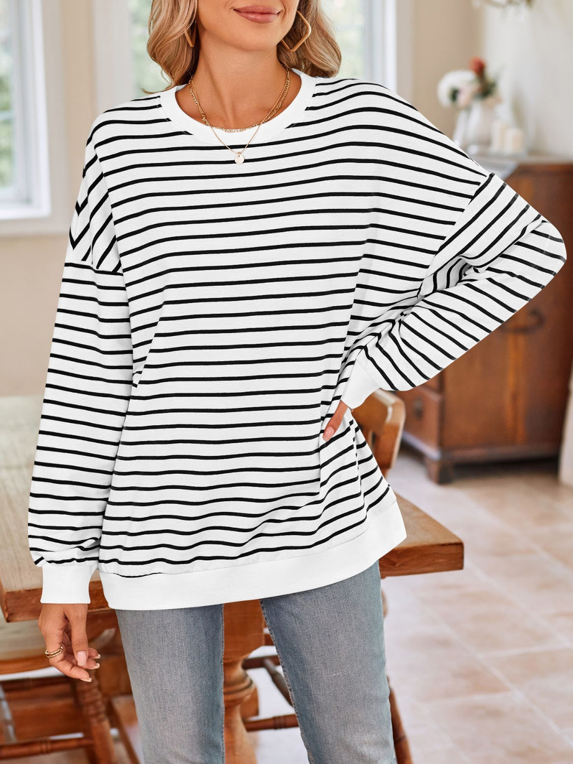 Striped Round Neck Long Sleeve Sweatshirt - Charming Charlie