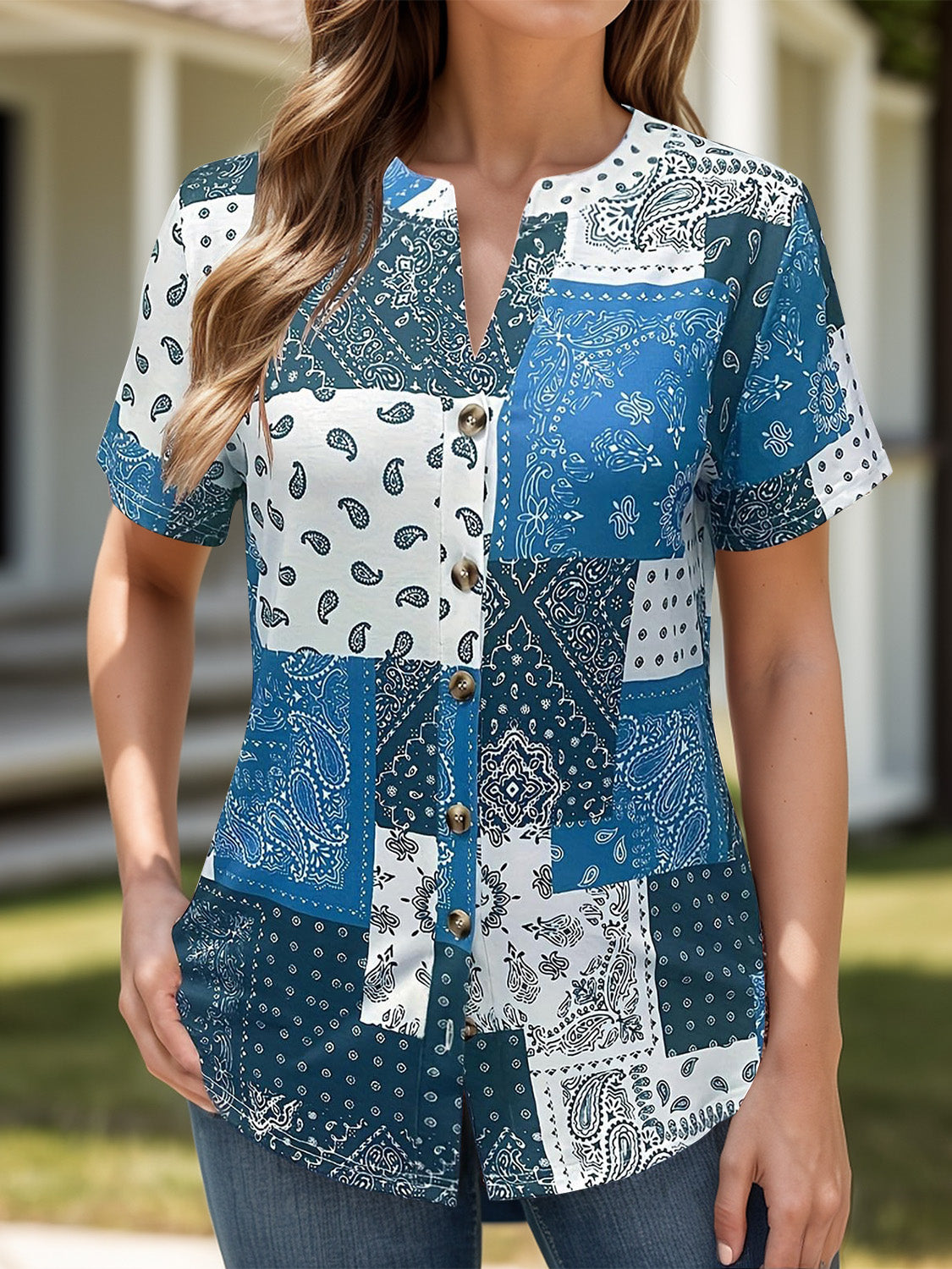 Printed Notched Short Sleeve Blouse - Charming Charlie