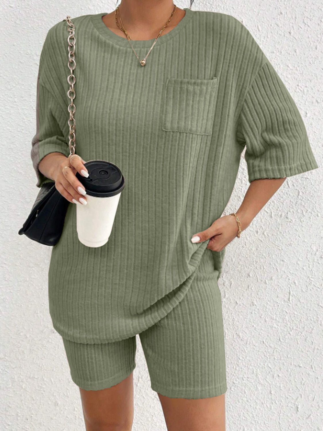 Ribbed Round Neck Top and Shorts Set - Charming Charlie