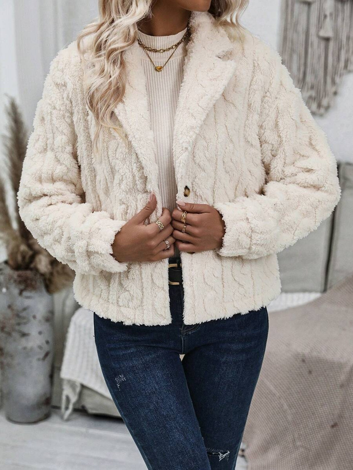 Fuzzy Button Up Collared Neck Jacket - Charming Charlie