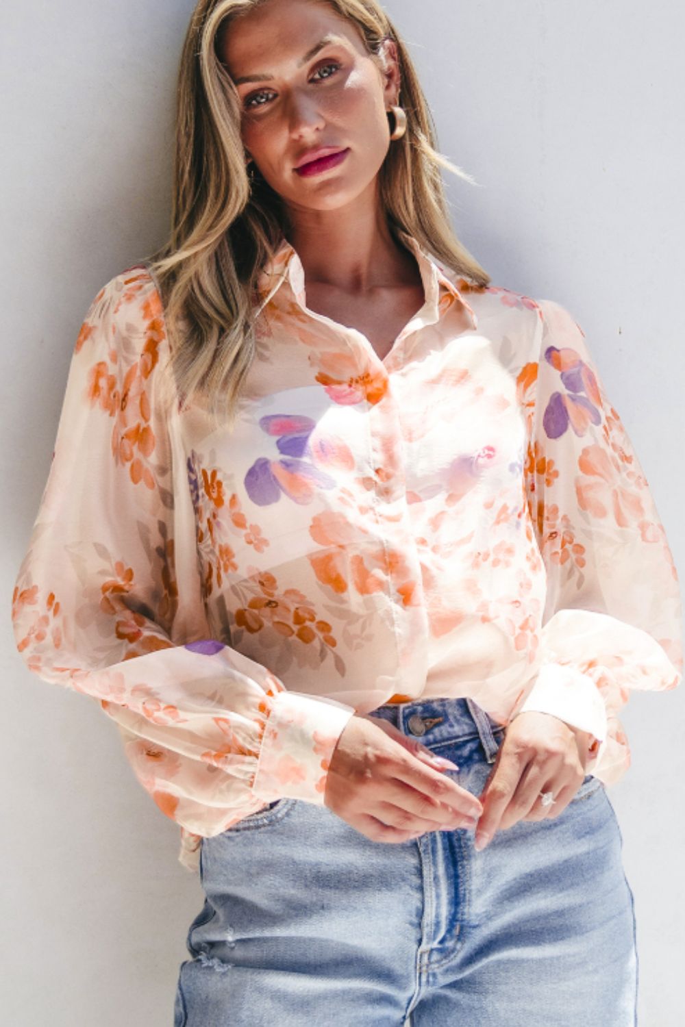 Printed Collared Neck Long Sleeve Shirt - Charming Charlie