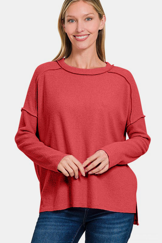 Zenana Full Size Exposed Seam Brushed Round Neck Sweater - Charming Charlie
