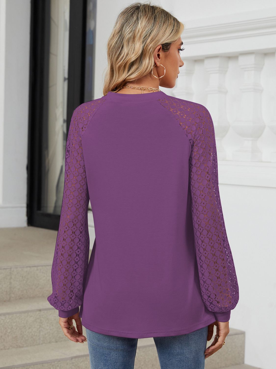 Round Neck Lace Long Sleeve Top - Charming Charlie