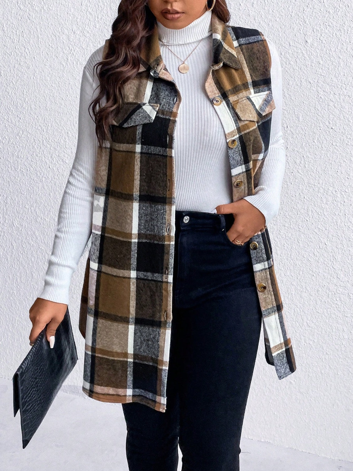Honey Plus Size Pocketed Plaid Button Up Vest Coat - Charming Charlie