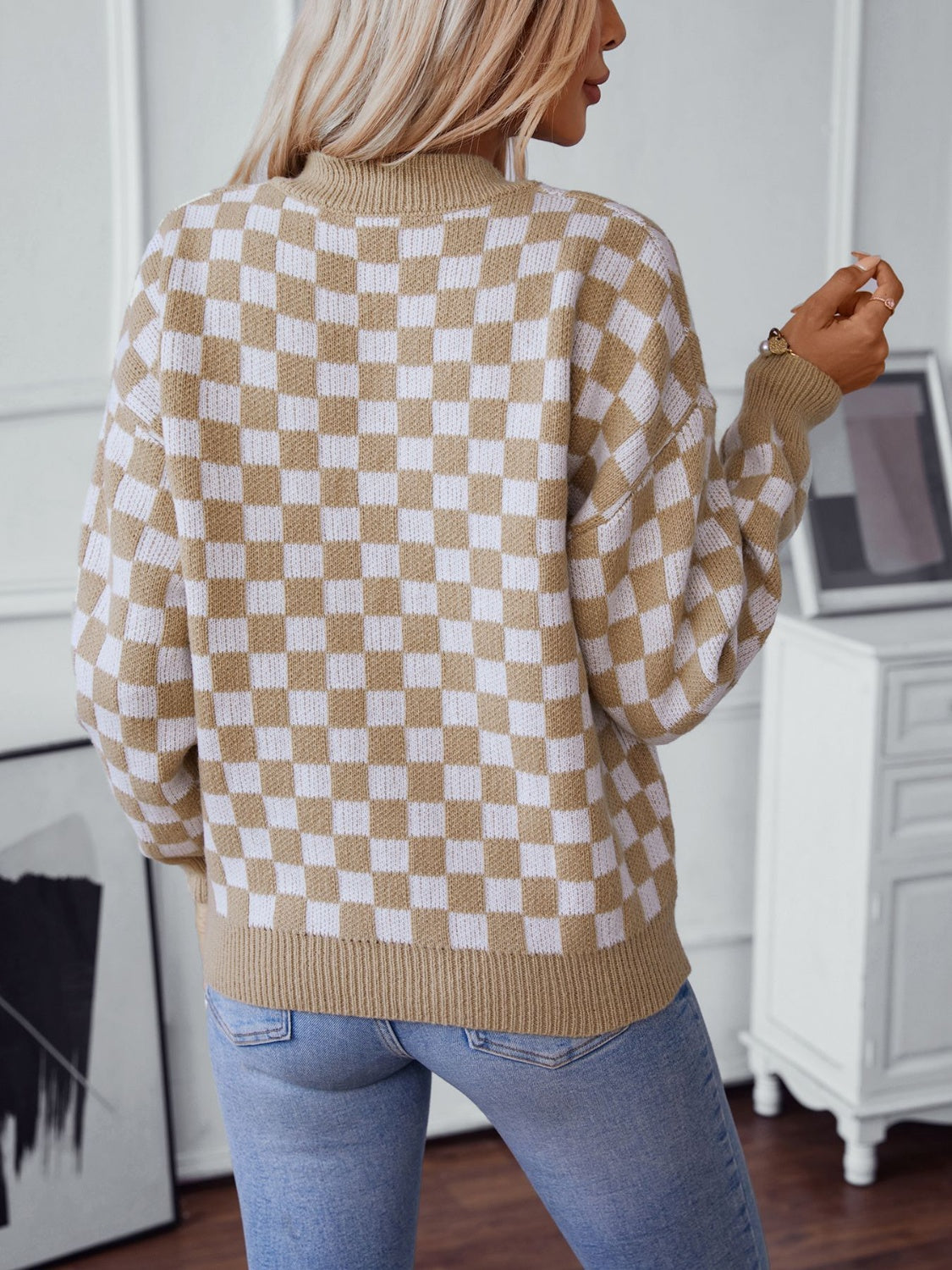 Checkered V-Neck Dropped Shoulder Sweater - Charming Charlie