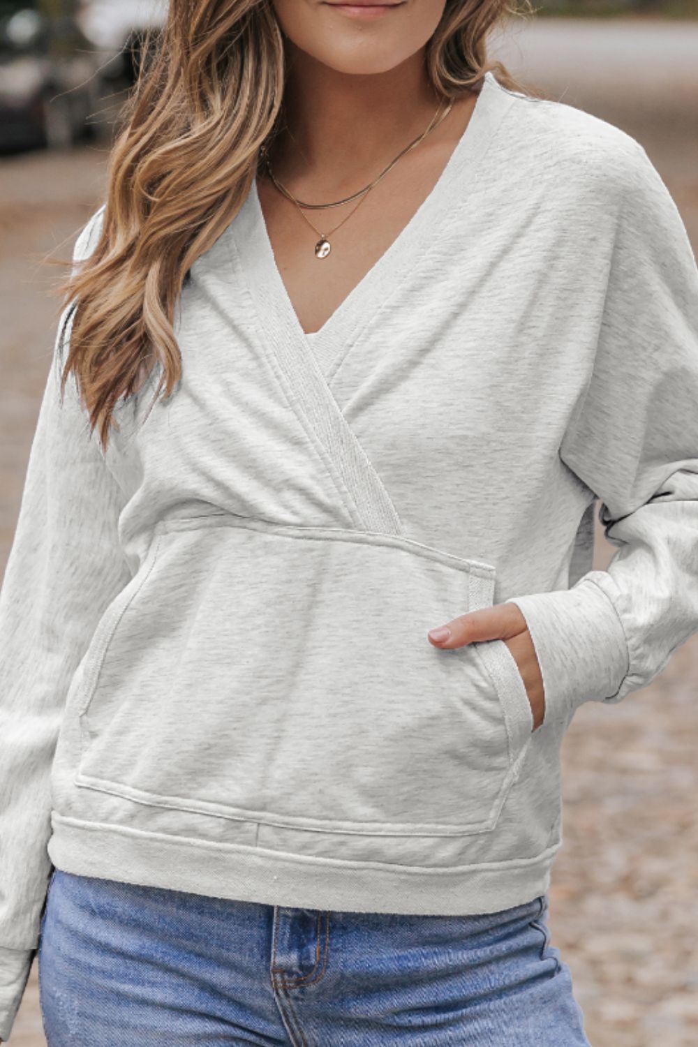 Surplice Long Sleeve Sweatshirt with Pocket - Charming Charlie