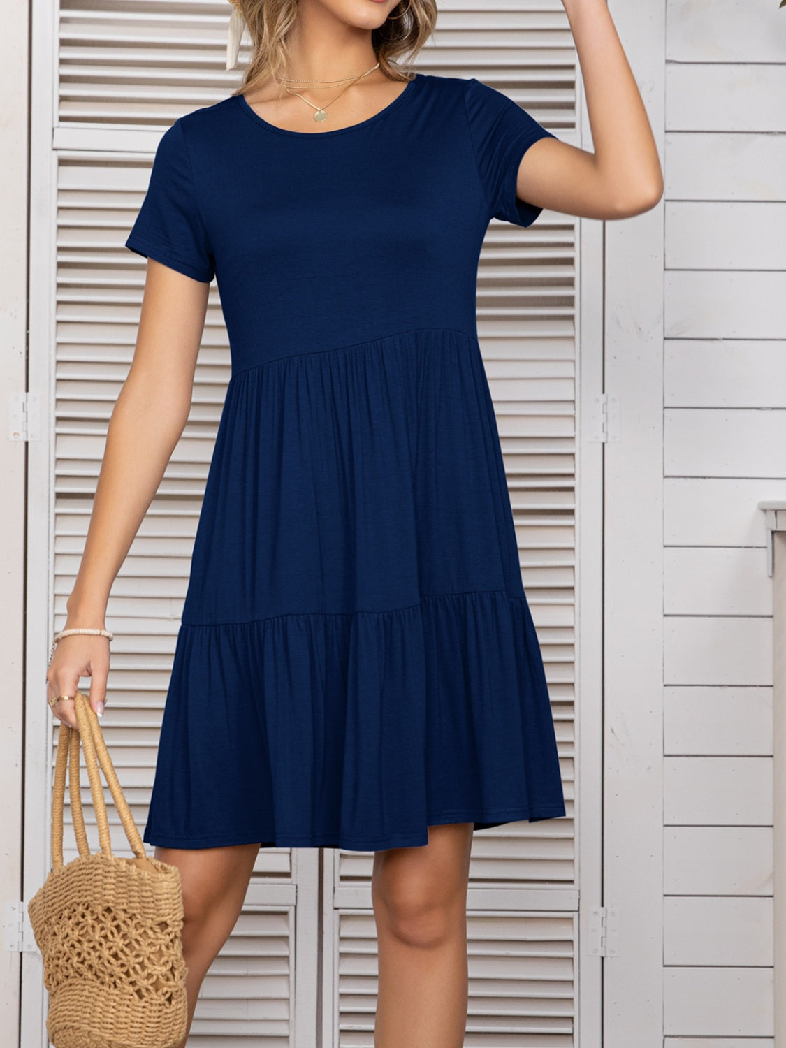 Round Neck Short Sleeve Mini Tee Dress - Charming Charlie