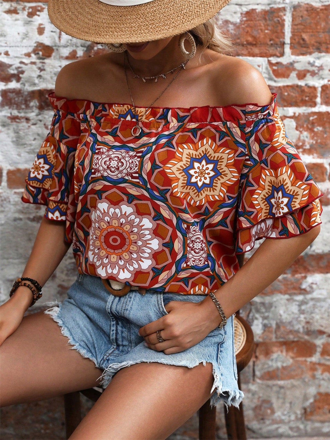 Printed Off-Shoulder Half Sleeve Blouse - Charming Charlie