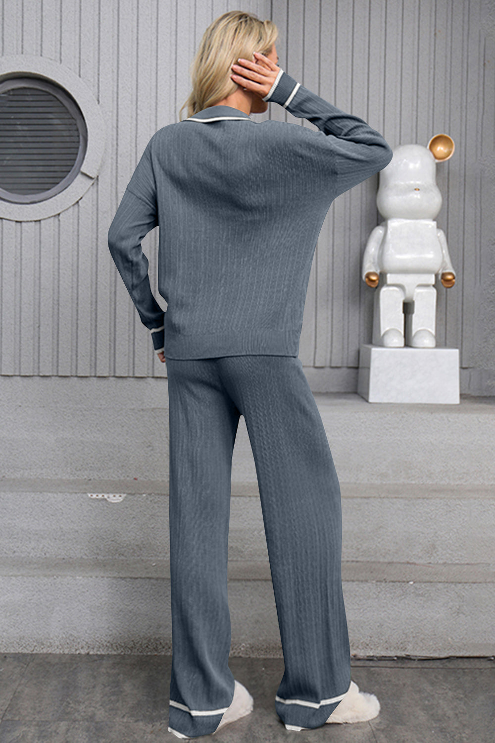 Contrast Trim Johnny Collar Top and Drawstring Pants Sweater Set - Charming Charlie
