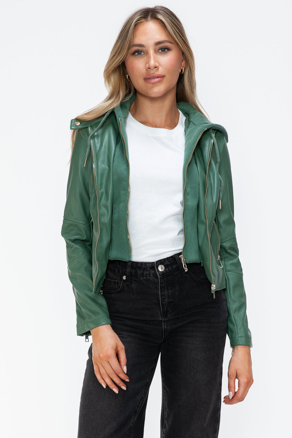 Snobbish Faux Leather Zip Up Drawstring Hooded Jacket - Charming Charlie