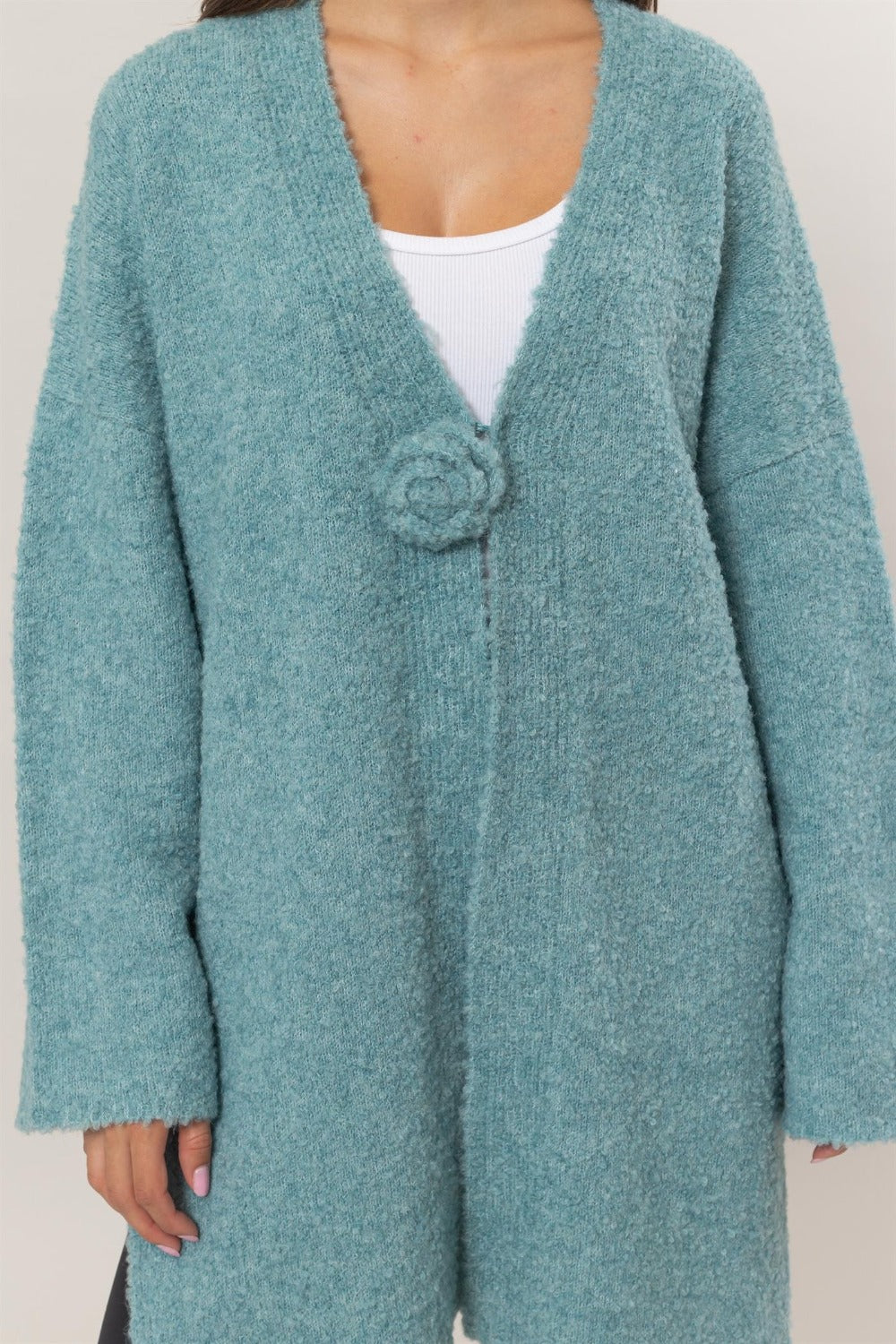 HYFVE Front Rosette Longline Slit Sweater Cardigan - Charming Charlie