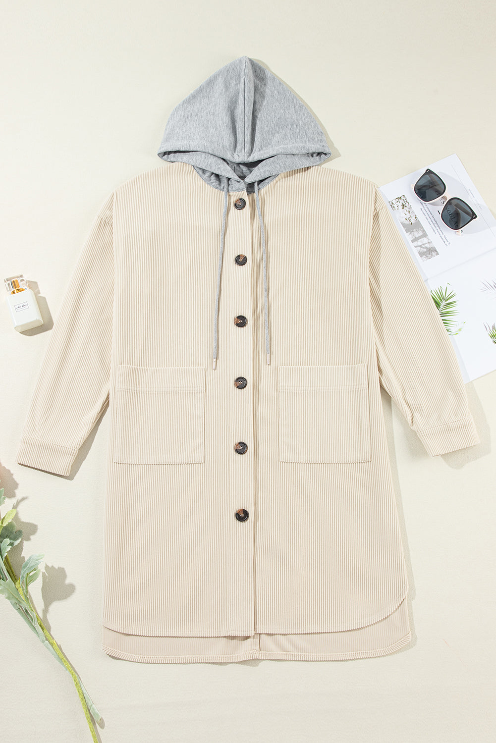 Drawstring Button Up Long Sleeve Hooded Jacket - Charming Charlie