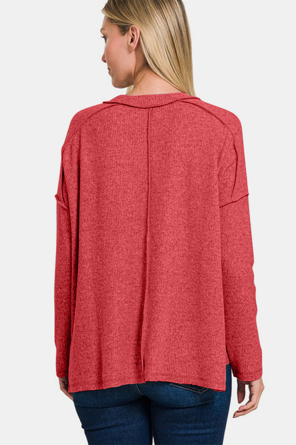 Zenana Full Size Exposed Seam Brushed Round Neck Sweater - Charming Charlie