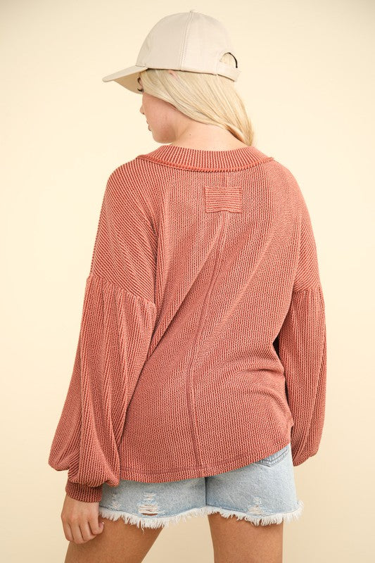 VERY J Two Tone Ribbed V-Neck Exposed Seam Top - Charming Charlie