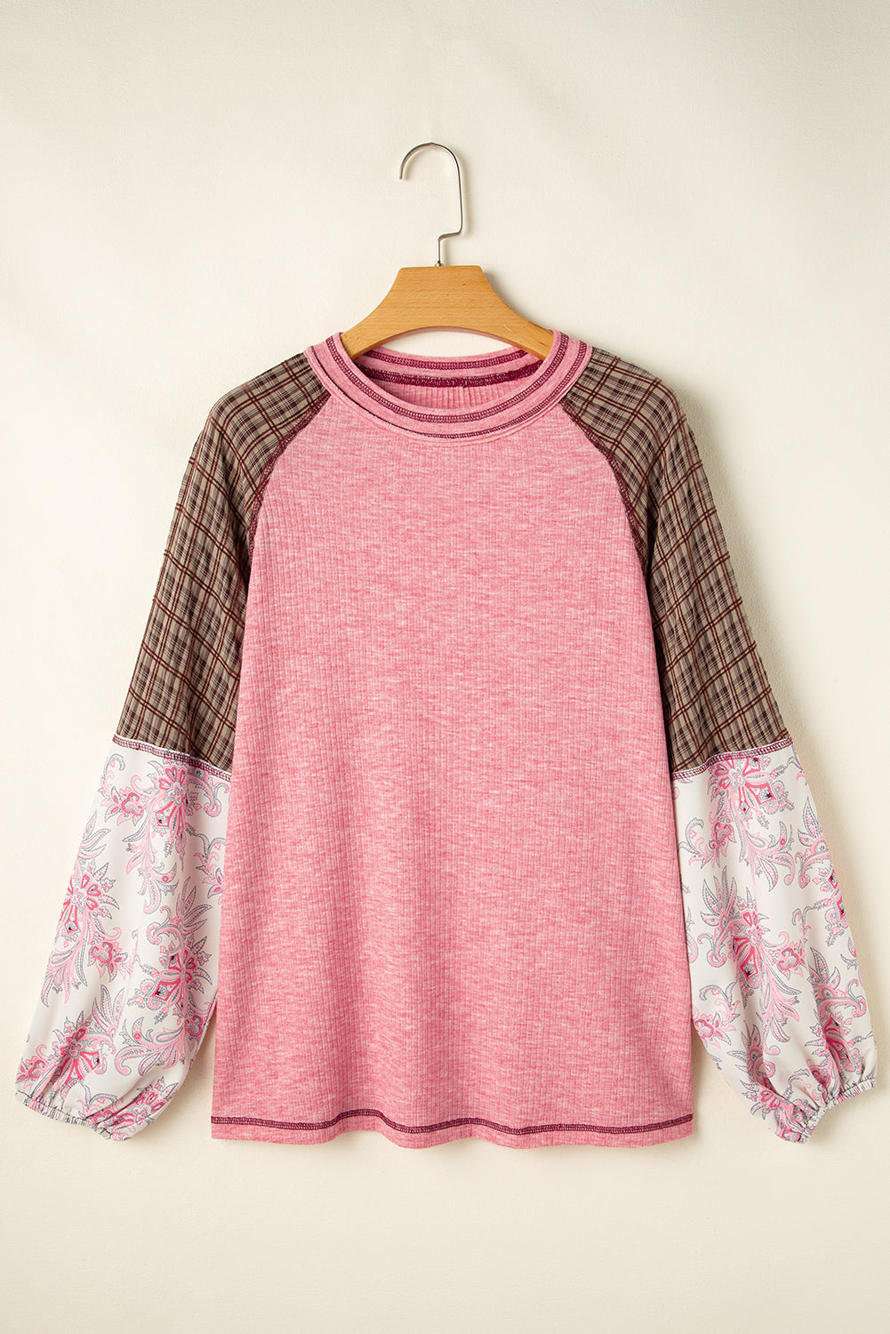 Plaid Floral Patchwork Round Neck Long Sleeve Top - Charming Charlie