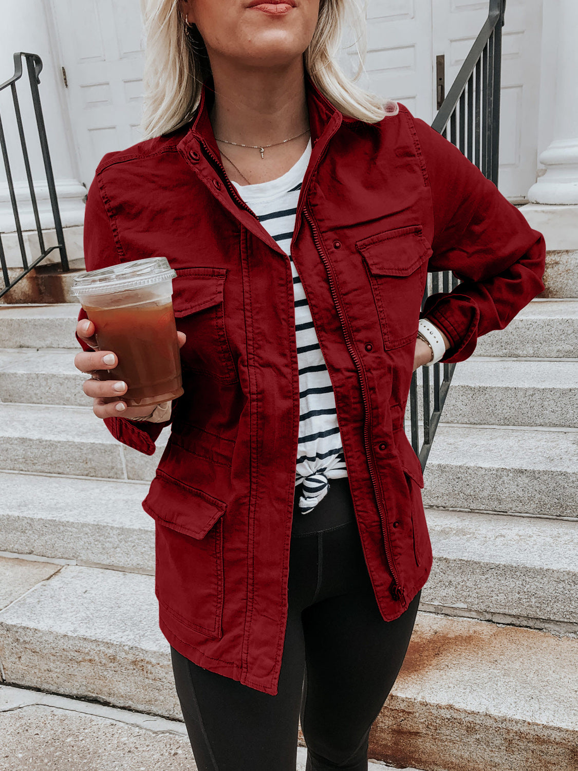 Pocketed Long Sleeve Zip Up Jacket - Charming Charlie